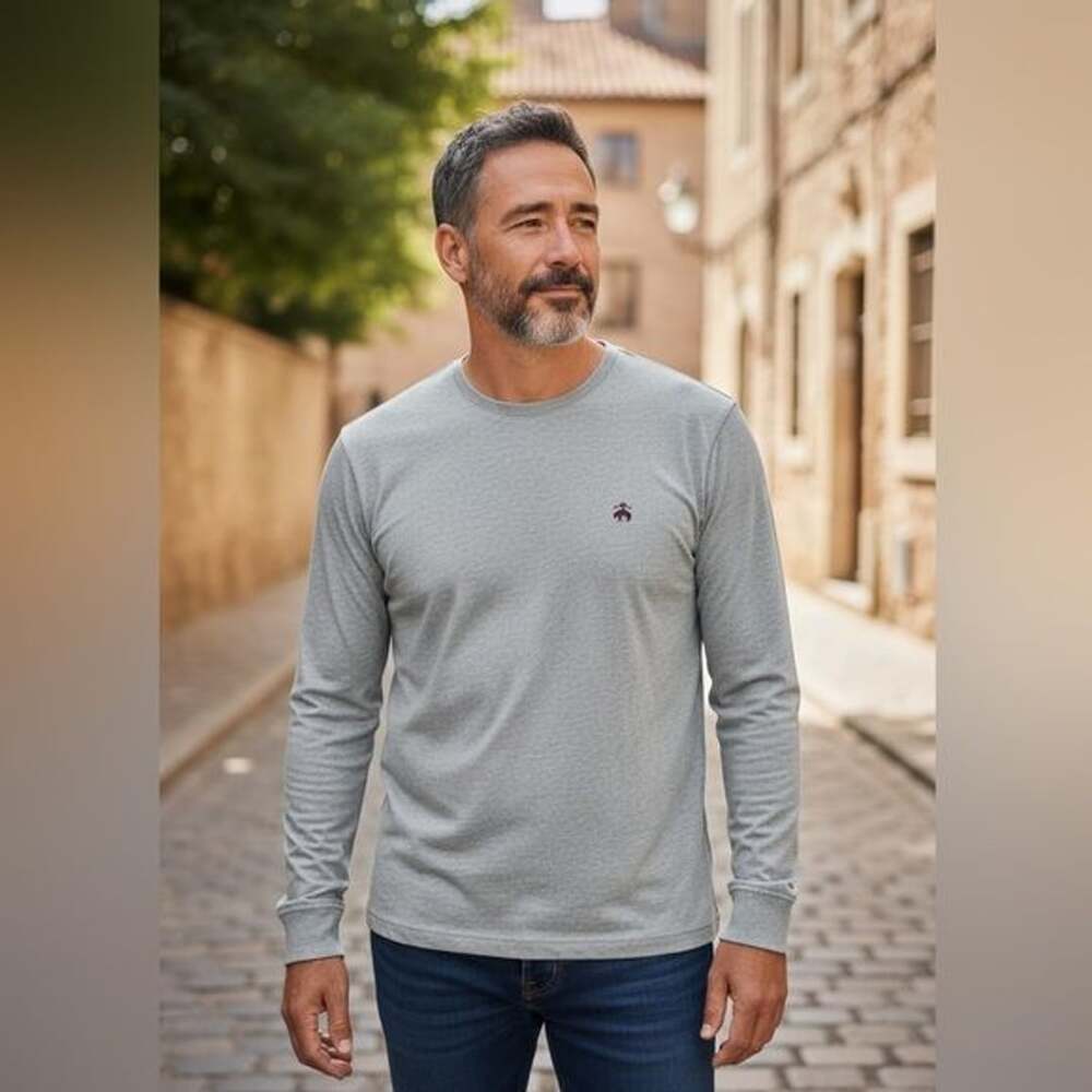 Brooks Brothers Mens Original Fit All Cotton Long Sleeve Basic Tee, Gray Medium